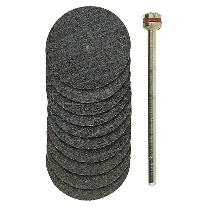 Proxxon Trennscheiben-Set No 28808 - Gewebeverstärkt, 22 mm, 10 Stk. - Eine Nahaufnahme von einer Stapel von Trennscheiben für Rotationswerkzeuge und einem Dorn zur Befestigung der Scheiben.
