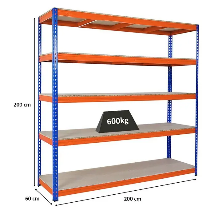 Profi Schwerlastregal BISON | HxBxT 200x200x60cm | 5 Spanplatten-Ebenen 15mm | Fachlast 600kg | Blau-Orange - 