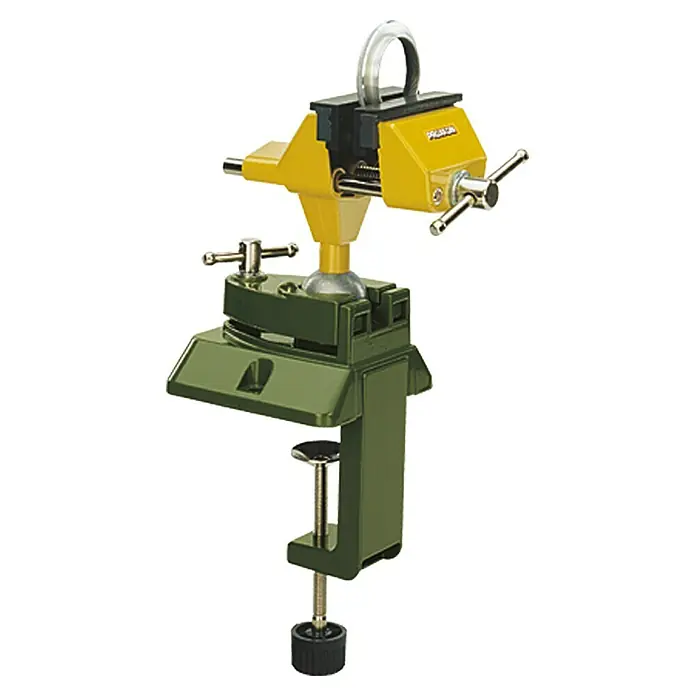 Proxxon Feinmechaniker-Schraubstock FMZ No 28608 - Spannweite: 70 mm, Arbeitsbreite: 75 mm, Zinkdruckguss - Eine gelb-grüne Proxxon Schraubstock-Klemme, ideal für präzise Arbeiten in Hobby und Werkstatt, mit vielfältigen Einstellmöglichkeiten.