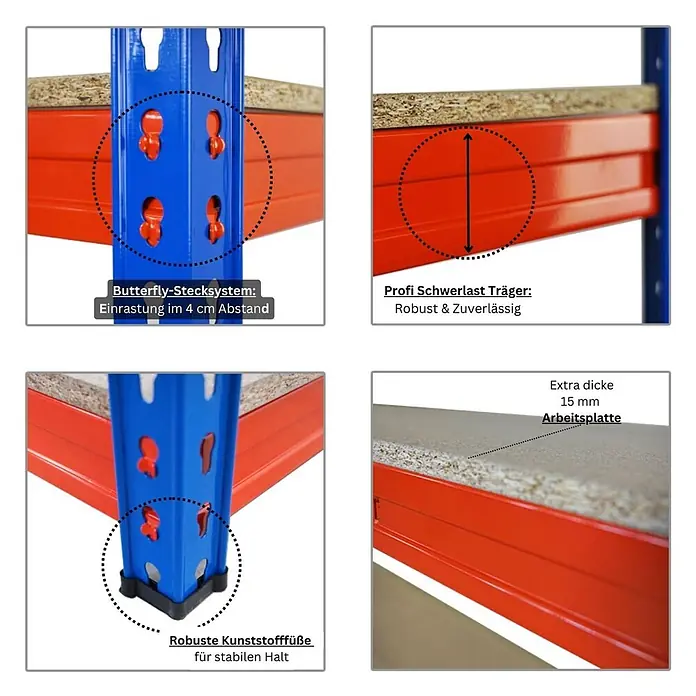 Profi Schwerlastregal BISON | HxBxT 200x180x60cm | 4 Spanplatten-Ebenen 15mm | Fachlast 600kg | Blau-Orange - 