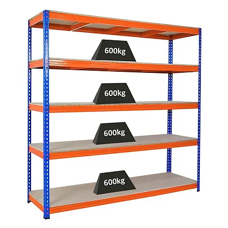 Profi Schwerlastregal BISON | HxBxT 200x200x60cm | 5 Spanplatten-Ebenen 15mm | Fachlast 600kg | Blau-Orange
