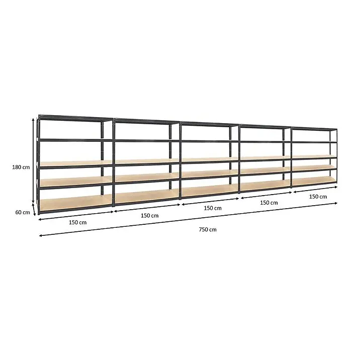 Mega Deal | 5x Schwerlastregal Giant Elephant | HxBxT 180x150x60 cm |  Fachlast 200kg | Schwarz - 