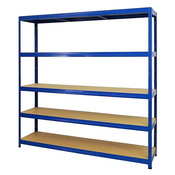 Mega Deal | 4x Schwerlastregal Giant Elephant | HxBxT 180x180x45cm | Fachlast 200kg | Blau -  - Blaues Metallregal mit 5 hellbraunen Holzablagen.
