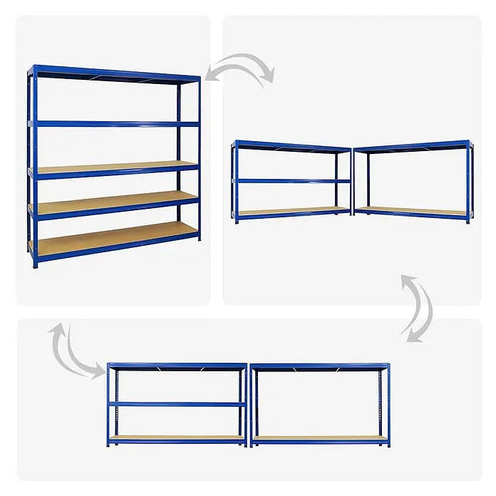 Mega Deal | 4x Schwerlastregal Giant Elephant | HxBxT 180x180x45cm | Fachlast 200kg | Blau -  - Vielseitiges blaues Metallregal mit Holzoptik-Böden, umbaubar von einem hohen in zwei kürzere Einheiten.