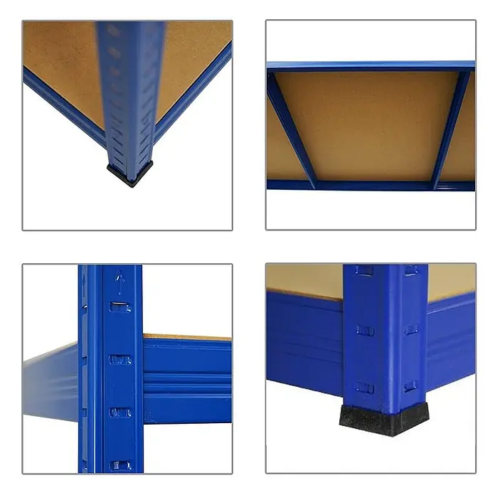 Mega Deal | 3x Schwerlastregal Giant Elephant | HxBxT 180x180x60cm | Fachlast 200kg | Blau -  - Detailansichten eines blauen Metallregals mit Holzablagen und schwarzen Kunststofffüßen, zeigen Konstruktionsdetails.