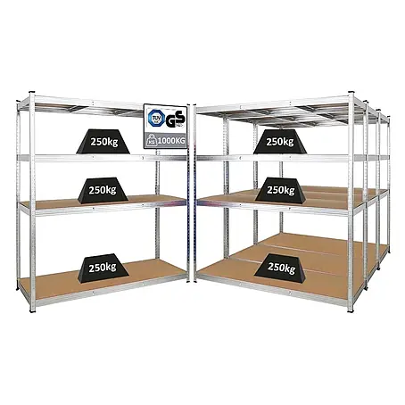 Mega Deal | 4x Schwerlastregal TAURUS XL mit TÜV/GS Zertifizierung | HxBxT 180x160x60cm | Fachlast 250kg | Verzinkt