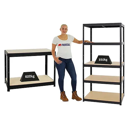 Mega Deal | 1x Schwerlastregal Slim Elephant M & 1x Höhenverstellbare Werkbank Slim DINO | Fachlast bis zu 600kg | Schwarz