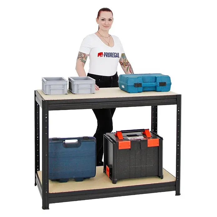 Mega Deal | 1x Schwerlastregal Slim Elephant M & 1x Höhenverstellbare Werkbank Slim DINO | Fachlast bis zu 600kg | Schwarz - 