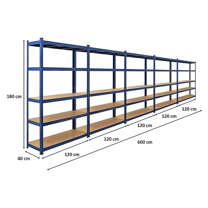 Mega Deal | 5x Schwerlastregal Ragnar | HxBxT 180x120x40cm | 5 MDF-Platten-Ebenen | Fachlast 175kg | Blau - 