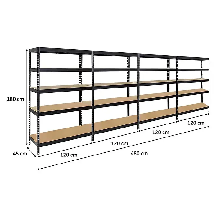 Mega Deal | 4x Schwerlastregal Rivet | HxBxT 180x120x45 cm | Fachlast 250kg | Schwarz - 