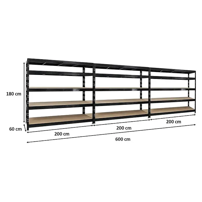 Mega Deal | 3x Profi Schwerlastregal Rhino | HxBxT 180x200x60cm | 5 Spanplatten-Ebenen 8mm | Fachlast 500kg | Schwarz - 