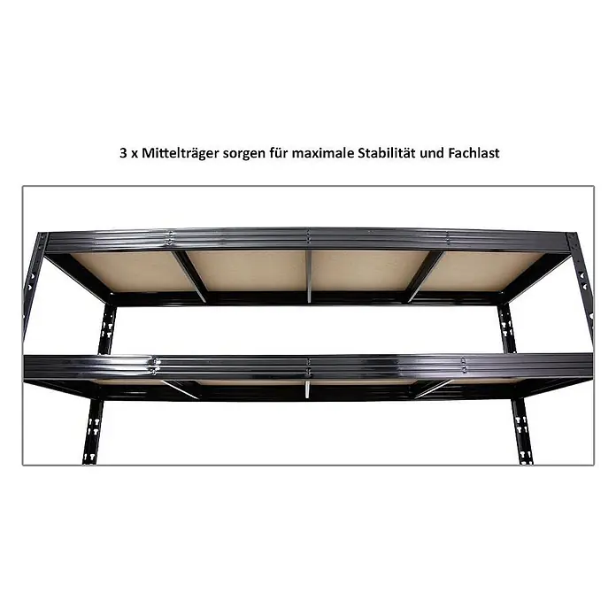 Set Deal 2x Profi Schwerlastregal Rhino 180x200x60cm 4 Böden 500kg Schwarz -  - Schwarzes Metallregal mit zwei Böden, die jeweils durch drei mittlere Träger für Stabilität verstärkt sind.