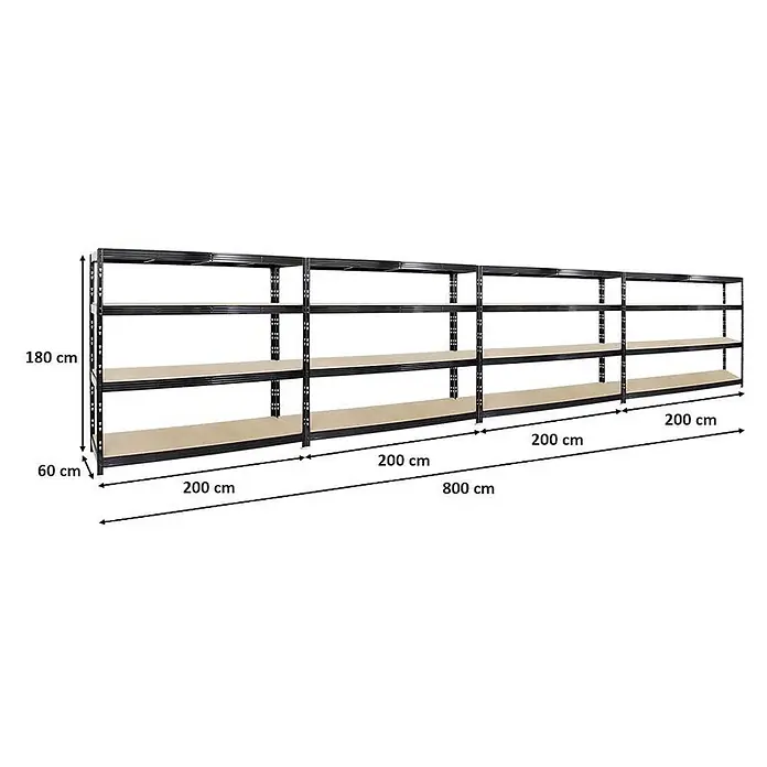 Mega Deal | 4x Profi Schwerlastregal Rhino | HxBxT 180x200x60cm | 4 Spanplatten-Ebenen 16mm | Fachlast 500kg | Schwarz - 