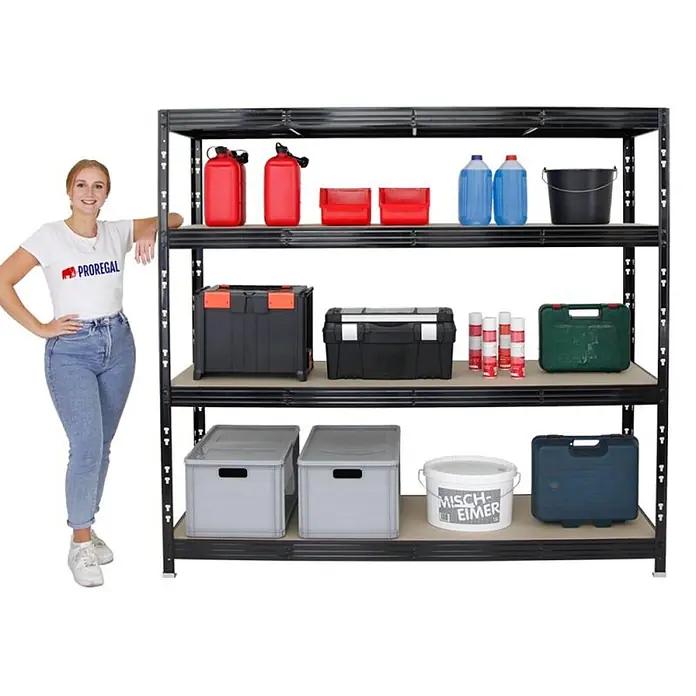 Mega Deal | 3x Profi Schwerlastregal Rhino | HxBxT 180x200x60cm | 4 Spanplatten-Ebenen 16mm | Fachlast 500kg | Schwarz - 