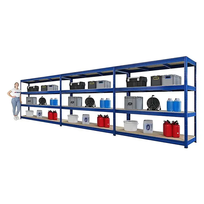Mega Deal | 3x Schwerlastregal DINO | HxBxT 180x200x60cm | 4 Spanplatten-Ebenen 16mm | Fachlast 500kg | Blau - 