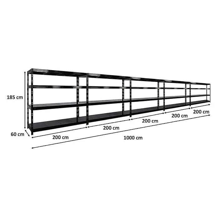Set Deal 5x Profi Schwerlastregal Rhino 180x200x60cm 4 Böden 500kg Schwarz -  - Langes schwarzes Metallregal, 1000 cm lang, 185 cm hoch, 60 cm tief, für umfangreiche Lagerung.
