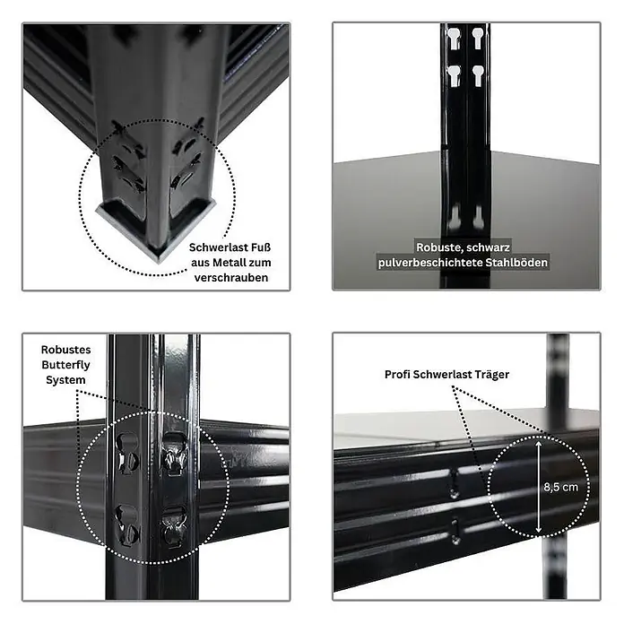 Mega Deal | 4x Profi Schwerlastregal Rhino | HxBxT 180x200x60cm | 4 Stahlplatten-Ebenen | Fachlast 500kg | Schwarz - 