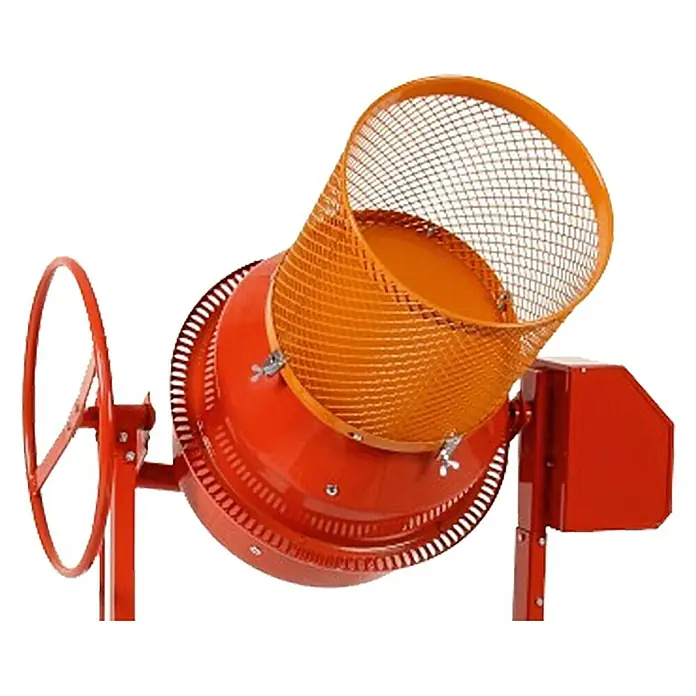 Altrad Siebtrommel für Betonmischer - Durchmesser: 46,5 cm, Streckmetall - Abbildung eines Betonmischers in Rot und Orange, der für Bauprojekte verwendet wird. Das Gerät ist ideal zum Mischen von Zement, Sand und Kies.