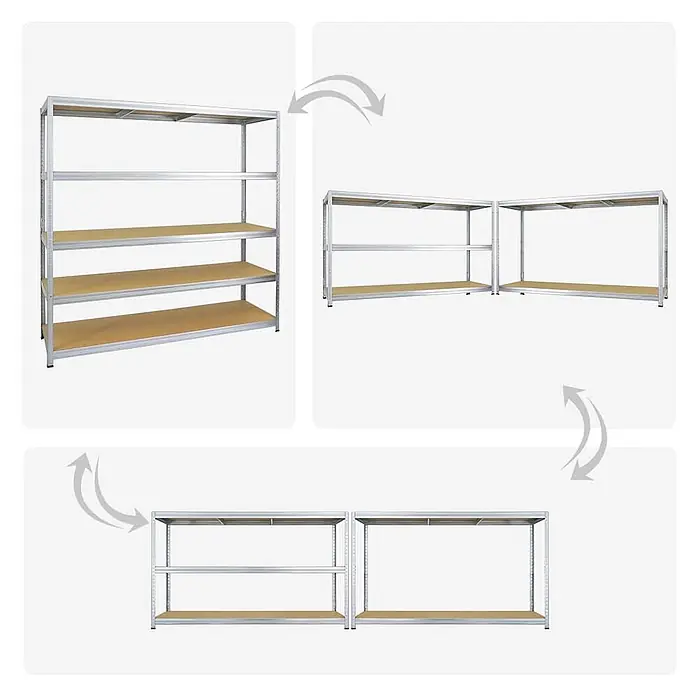 Mega Deal | 2x Schwerlastregal Giant Elephant | HxBxT 180x180x60cm | Fachlast 200kg | Verzinkt -  - Modulares Metallregal mit Holzablagen, als hohes 5-Boden-Regal und zwei kürzere 2-Boden-Regale dargestellt.