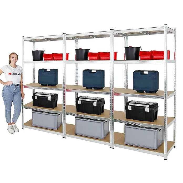 Mega Deal | 3x Schwerlastregal Giant Ragnar | HxBxT 200x100x50cm | 5 MDF-Platten-Ebenen | Fachlast 175kg | Verzinkt - 
