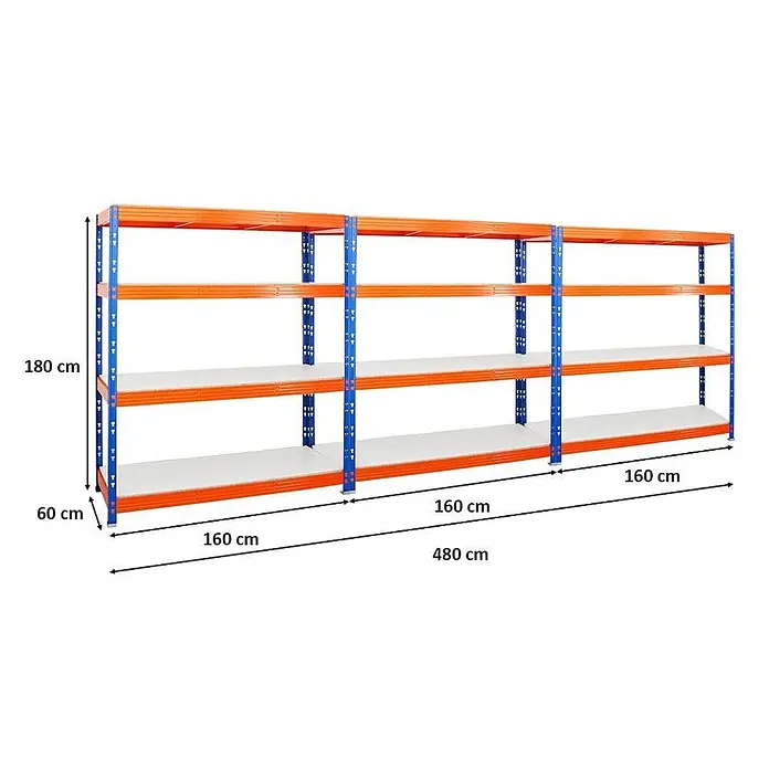 MegaDeal 3xProfi Schwerlastregal Rhino 180x160x60 4 Böden 500kg Blau-Orange -  - Orange-blaues Metall-Lagerregal, 180 cm hoch, 60 cm tief und 480 cm breit, mit drei Regalabschnitten und weißen Ablagen.