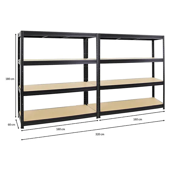 Mega Deal | 2x Schwerlastregal DINO | HxBxT 180x160x60cm | 4 MDF-Platten-Ebenen 6,5 mm | Fachlast 600kg | Schwarz - 