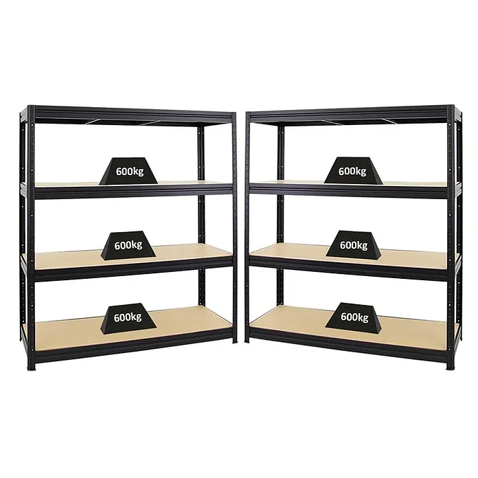 Mega Deal | 2x Schwerlastregal DINO | HxBxT 180x160x60cm | 4 MDF-Platten-Ebenen 6,5 mm | Fachlast 600kg | Schwarz - 