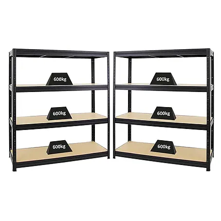 Mega Deal | 2x Schwerlastregal DINO | HxBxT 180x160x60cm | 4 MDF-Platten-Ebenen 6,5 mm | Fachlast 600kg | Schwarz