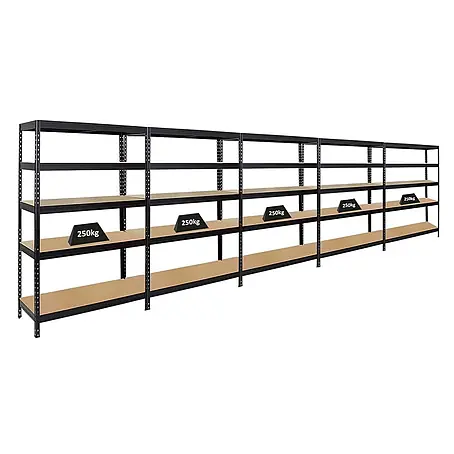 Mega Deal | 5x Schwerlastregal Rivet | HxBxT 180x120x45 cm | Fachlast 250kg | Schwarz