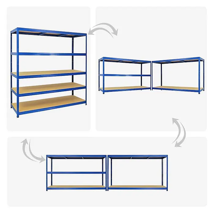 Mega Deal | 3x Schwerlastregal Giant Elephant | HxBxT 180x180x60cm | Fachlast 200kg | Blau -  - Vielseitiges blaues Metallregal mit Holzregalböden, als hohes 5-stöckiges und in zwei kürzere Einheiten für flexible Lagerung umkonfiguriert gezeigt.