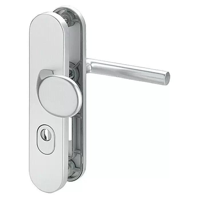 Herraje de protección 72ZA - Puerta principal, Aluminio, Cilindro de perfil PZ, Grosor de la puerta: 35 mm - 45 mm - Manilla de puerta plateada/satinada con palanca, pomo giratorio y cerradura.