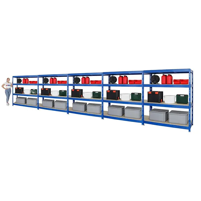 Mega Deal | 5x Profi Schwerlastregal Rhino | HxBxT 180x160x60cm | 4 Spanplatten-Ebenen 16mm | Fachlast 500kg | Blau - 