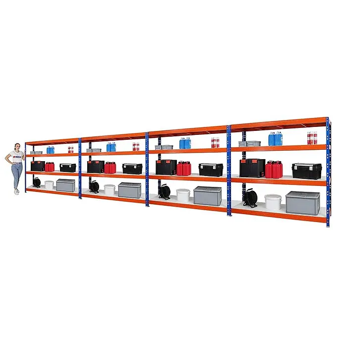 MegaDeal 4xProfi Schwerlastregal Rhino 180x200x60 4 Böden 500kg Blau-Orange -  - Langes, orange-blaues Schwerlastregal mit drei Ebenen, bestückt mit verschiedenen Gegenständen, eine Person steht daneben zum Größenvergleich.