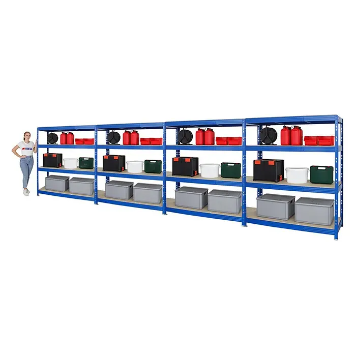 Mega Deal | 4x Profi Schwerlastregal Rhino | HxBxT 180x160x60cm | 4 Spanplatten-Ebenen 16mm | Fachlast 500kg | Blau - 