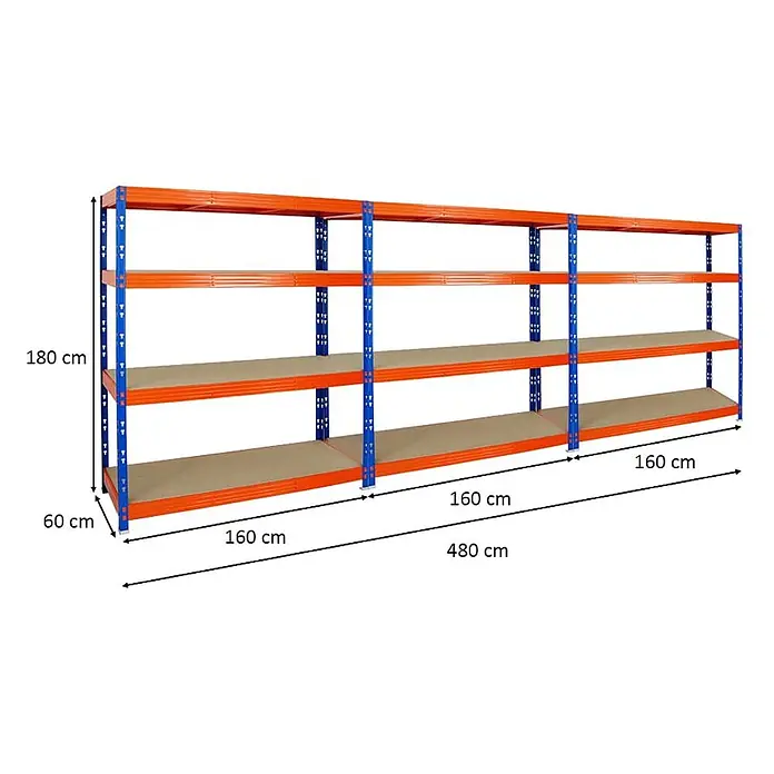 MegaDeal 3xProfi Schwerlastregal Rhino 180x160x60 4 Böden 500kg Blau-Orange -  - Langes, orange-blaues Schwerlastregal mit drei Fächern, vier Ebenen hoch, Maße 480x60x180 cm.