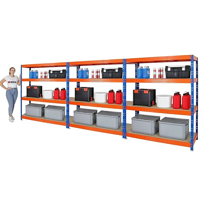 MegaDeal 3xProfi Schwerlastregal Rhino 180x160x60 4 Böden 500kg Blau-Orange -  - Oranges und blaues Metallregal mit mehreren Ablagen und Aufbewahrungsboxen, mit Frau zur Größenangabe.
