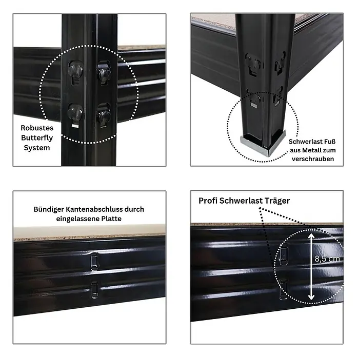 Mega Deal | 5x Profi Schwerlastregal Rhino | HxBxT 180x240x60cm | 4 Spanplatten-Ebenen 8mm | Fachlast 450kg | Schwarz - 