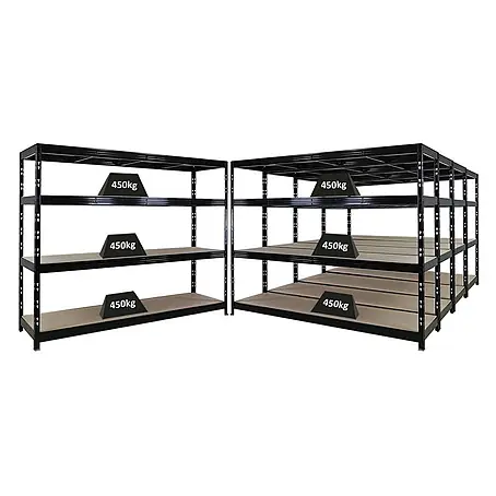 Mega Deal | 5x Profi Schwerlastregal Rhino | HxBxT 180x240x60cm | 4 Spanplatten-Ebenen 8mm | Fachlast 450kg | Schwarz