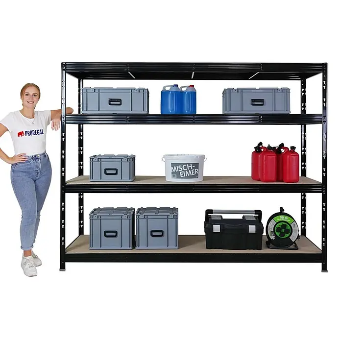 Mega Deal | 2x Profi Schwerlastregal Rhino | HxBxT 180x240x60cm | 4 Spanplatten-Ebenen 8mm | Fachlast 450kg | Schwarz - 