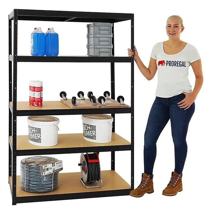 Mega Deal | 2x Schwerlastregal Big Elephant M & 1x Höhenverstellbare Werkbank Slim DINO| Fachlast bis zu 600kg | Schwarz - 