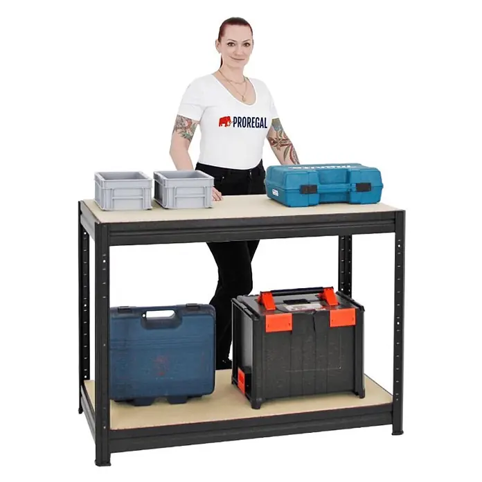 Mega Deal | 2x Schwerlastregal Big Elephant M & 1x Höhenverstellbare Werkbank Slim DINO| Fachlast bis zu 600kg | Schwarz - 