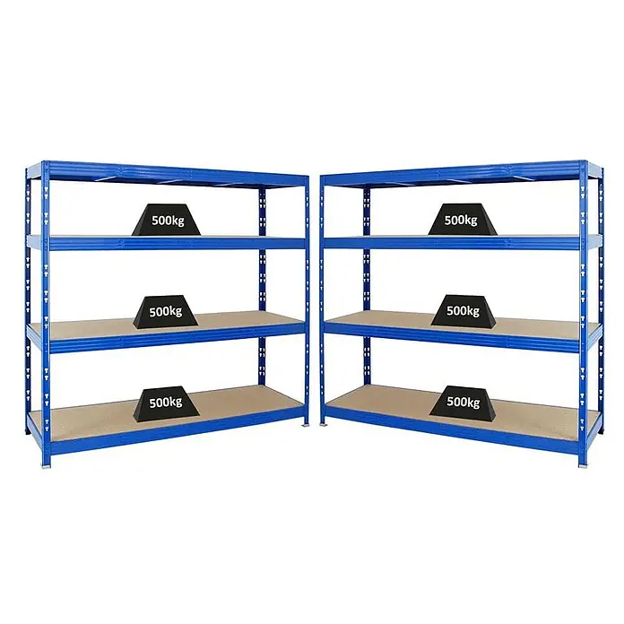 Mega Deal | 2x Profi Schwerlastregal Rhino | HxBxT 180x200x60cm | 4 Spanplatten-Ebenen 16mm | Fachlast 500kg | Blau - 