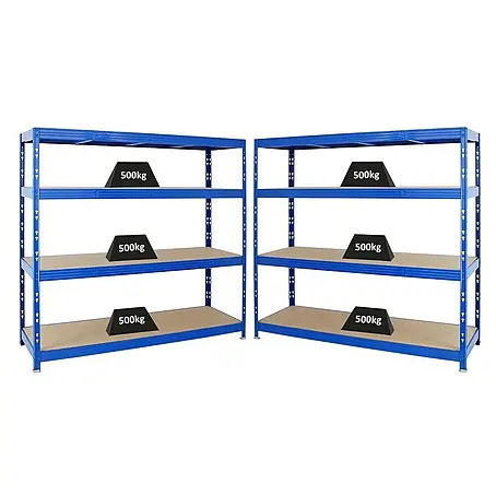 Mega Deal | 2x Profi Schwerlastregal Rhino | HxBxT 180x200x60cm | 4 Spanplatten-Ebenen 16mm | Fachlast 500kg | Blau