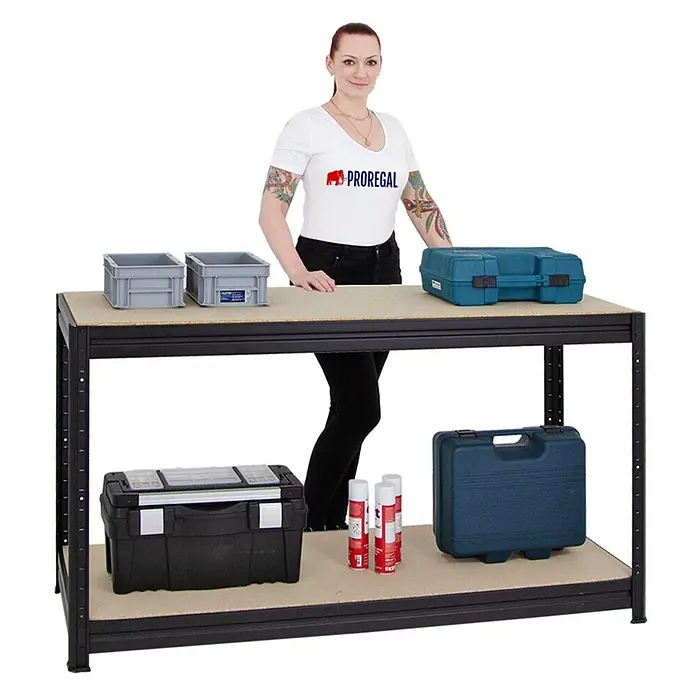 Mega Deal | 3x Schwerlastregal Slim Elephant M & 1x Höhenverstellbare Werkbank Big DINO | Fachlast bis zu 600kg | Schwarz - 