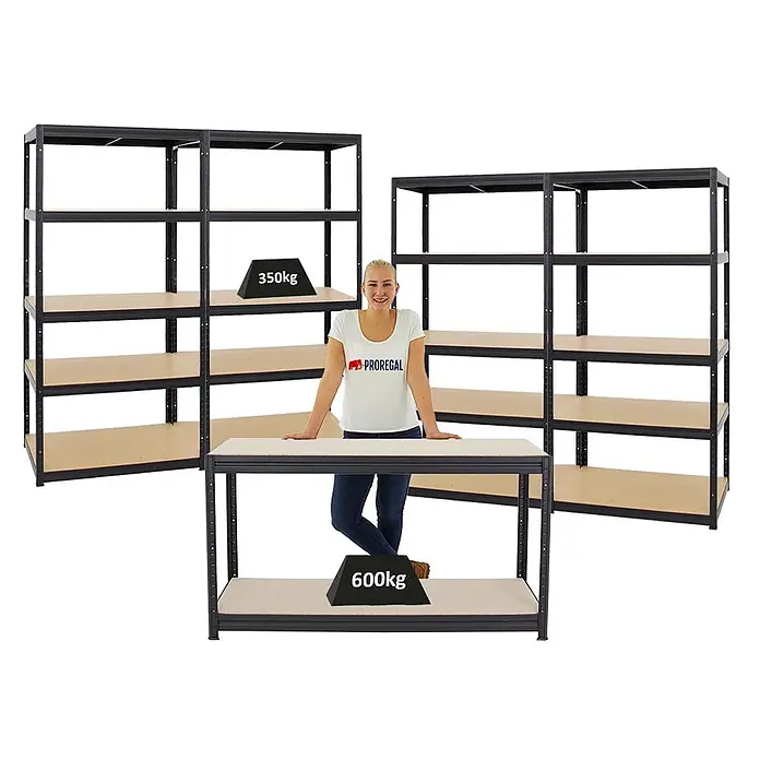 Proregal Schwerlastregal Mega Deal 4x Slim Elephant M & 1x Höhenverstellbare Werkbank Big DINO - H x B x T: 180 x 520 x 60 cm, Traglast pro Boden: 600 kg, Anzahl Böden: 5 Stk., Stecken, Schwarz