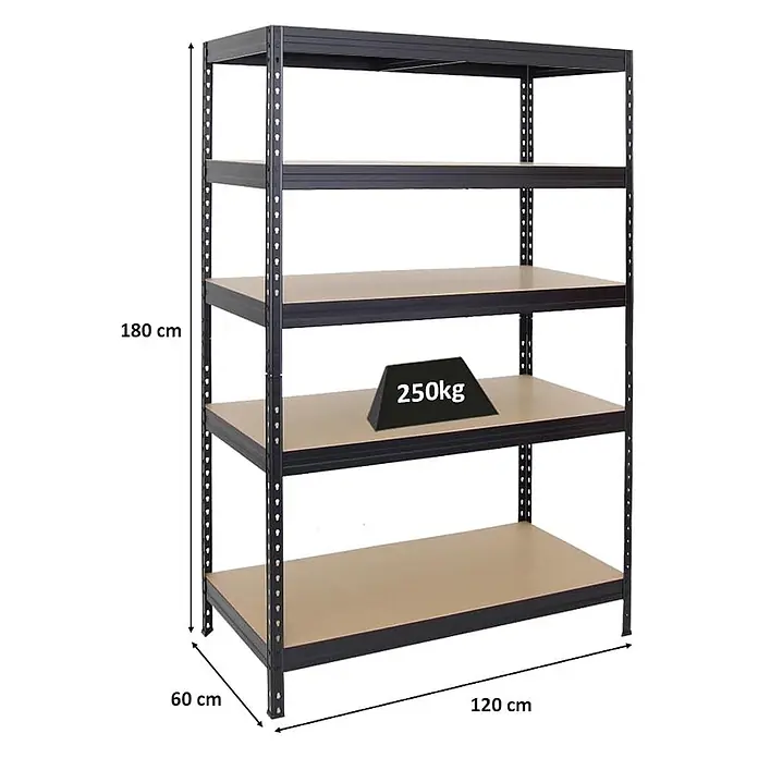 Schwerlastregal Rivet | HxBxT 180x120x60 cm | Fachlast 250kg | Innovatives Stecksystem | Schwarz - 