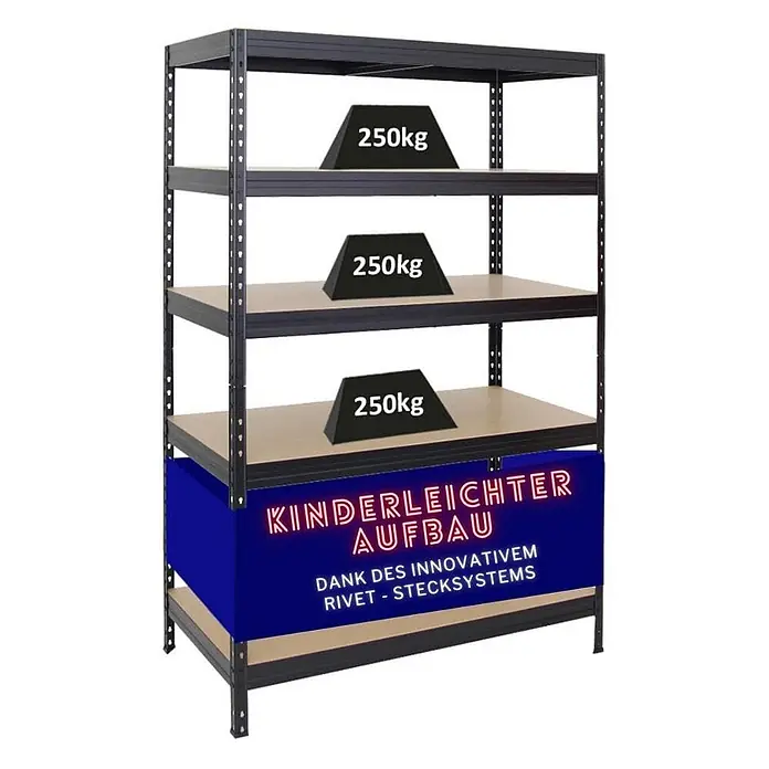 Schwerlastregal Rivet 180x120x60 cm 250kg Innovatives Stecksystem Schwarz - 