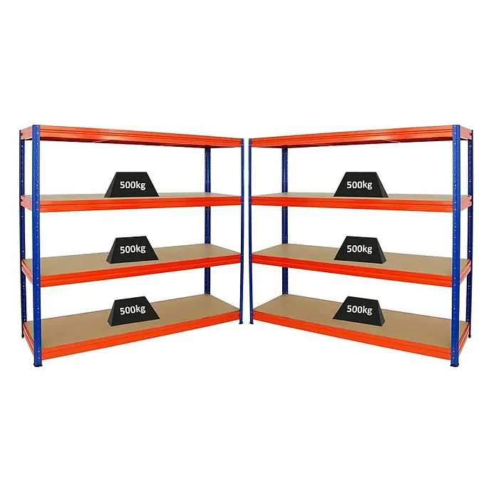 MegaDeal 5x Schwerlastregal DINO 180x200x60cm 4 MDF-Böden 500kg Blau/Orange -  - Zwei Schwerlastregale mit blauen Rahmen, orangefarbenen Trägern und Holzablagen, jede Ablage für 500 kg ausgelegt.
