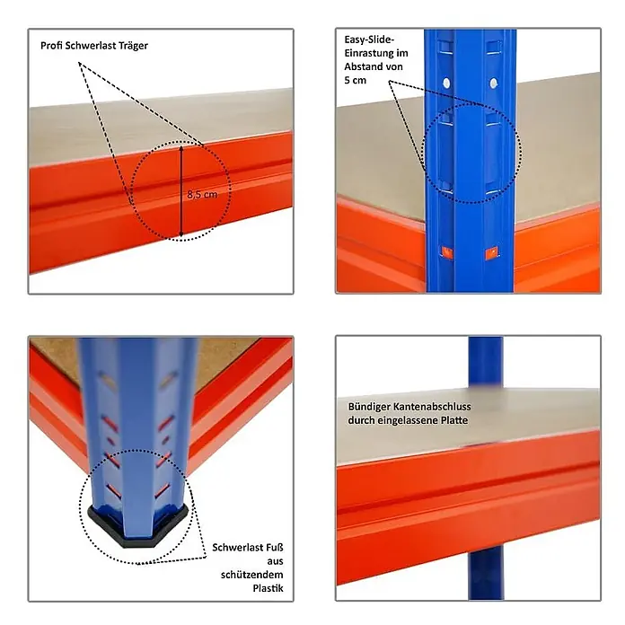MegaDeal 5x Schwerlastregal DINO 180x200x60cm 4 MDF-Böden 500kg Blau/Orange -  - Blaues & rotes Schwerlastregal: 8,5cm Träger, 5cm verstellbare Regalböden mit bündigem Abschluss, schützende Kunststofffüße.