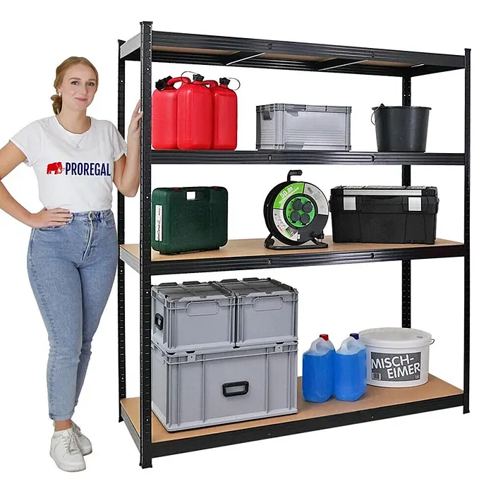 Proregal Schwerlastregal Mega Deal TAURUS - H x B x T: 180 x 160 x 60 cm, Traglast pro Boden: 250 kg, Anzahl Böden: 5 Stk., Stecken, Schwarz